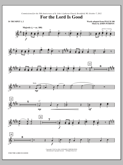 John Purifoy For The Lord Is Good - Bb Trumpet 1,2 sheet music, chords, lyrics - Printable PDF for Choir Instrumental Pak