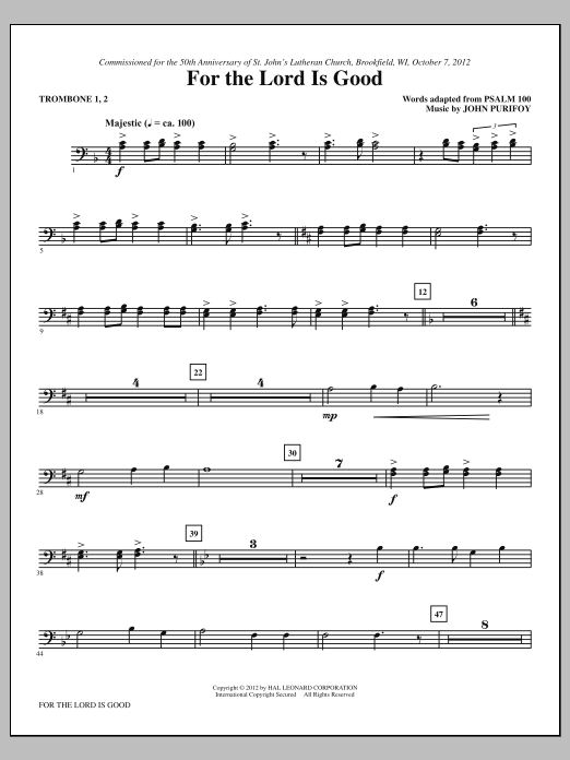 John Purifoy For The Lord Is Good - Trombone 1, 2 sheet music, chords, lyrics - Printable PDF for Choir Instrumental Pak