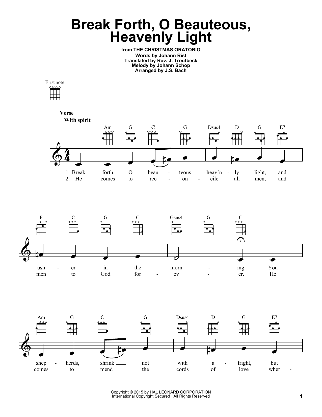J.S. Bach Break Forth, O Beauteous, Heavenly Light sheet music, chords, lyrics - Printable PDF for Ukulele