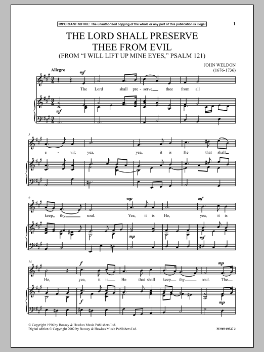 John Weldon The Lord Shall Preserve Thee From Evil (from I Will Lift Up Mine Eyes, Psalm 121) sheet music, chords, lyrics - Printable PDF for Piano & Vocal