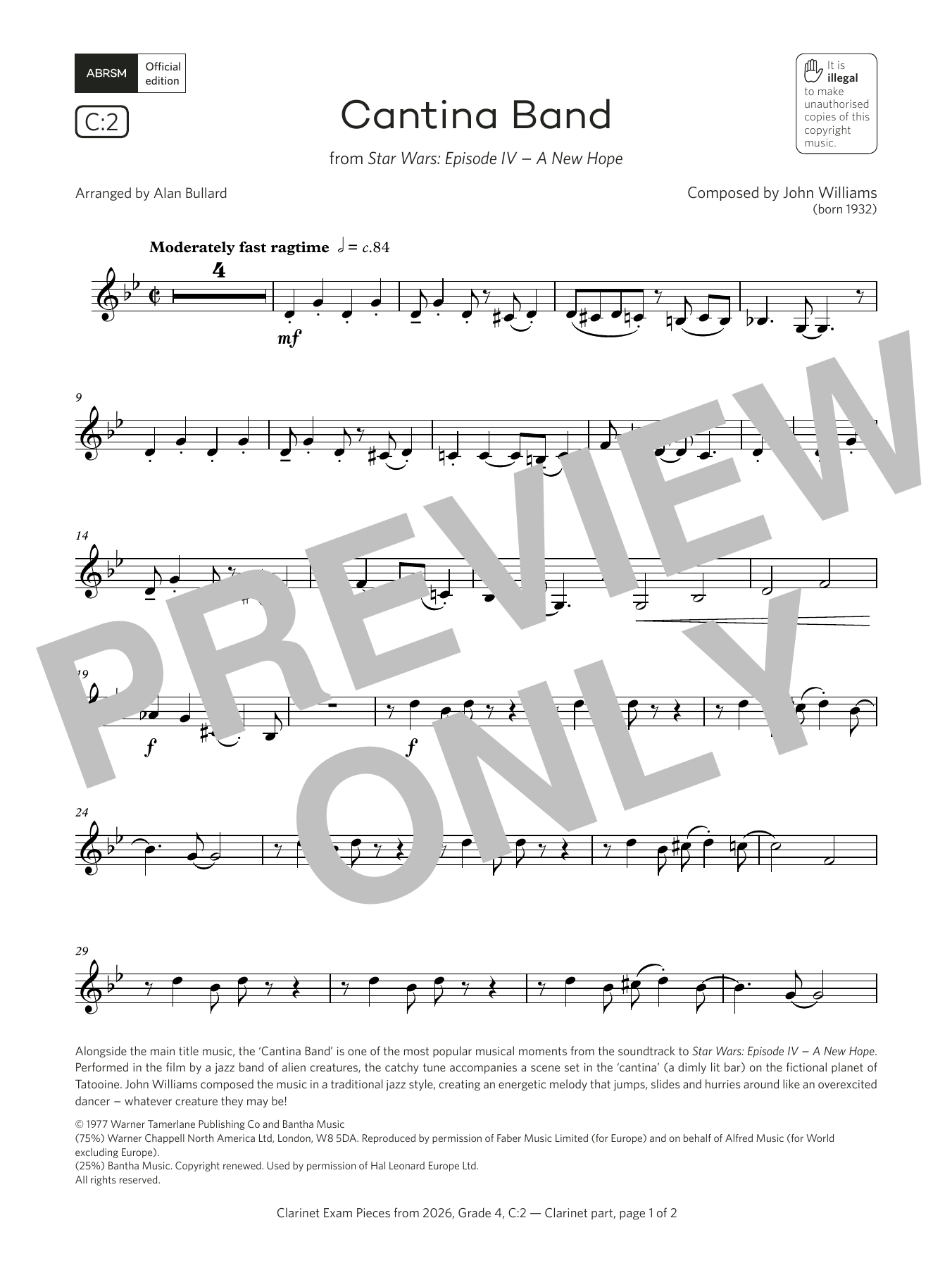 John Williams Cantina Band (Grade 4, list C2, from the ABRSM Clarinet Syllabus from 2026) sheet music, chords, lyrics - Printable PDF for Clarinet Solo