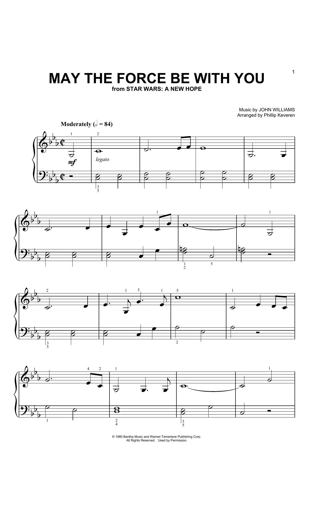 John Williams May The Force Be With You (from Star Wars: A New Hope) (arr. Phillip Keveren) sheet music, chords, lyrics - Printable PDF for Big Note Piano