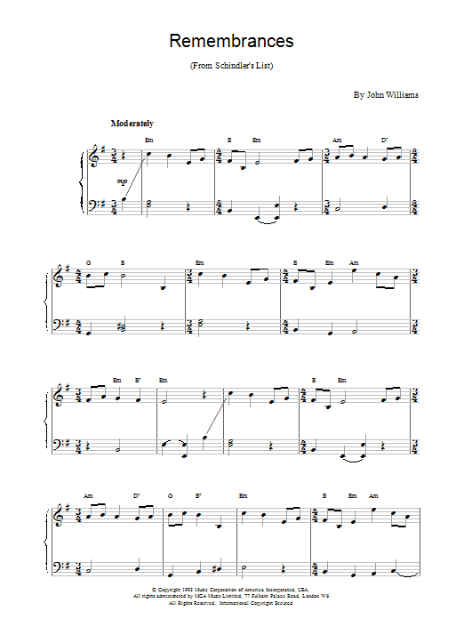 Download John Williams Remembrances (from Schindler's List) sheet music notes and chords for Piano - Download Printable PDF and start playing in minutes.