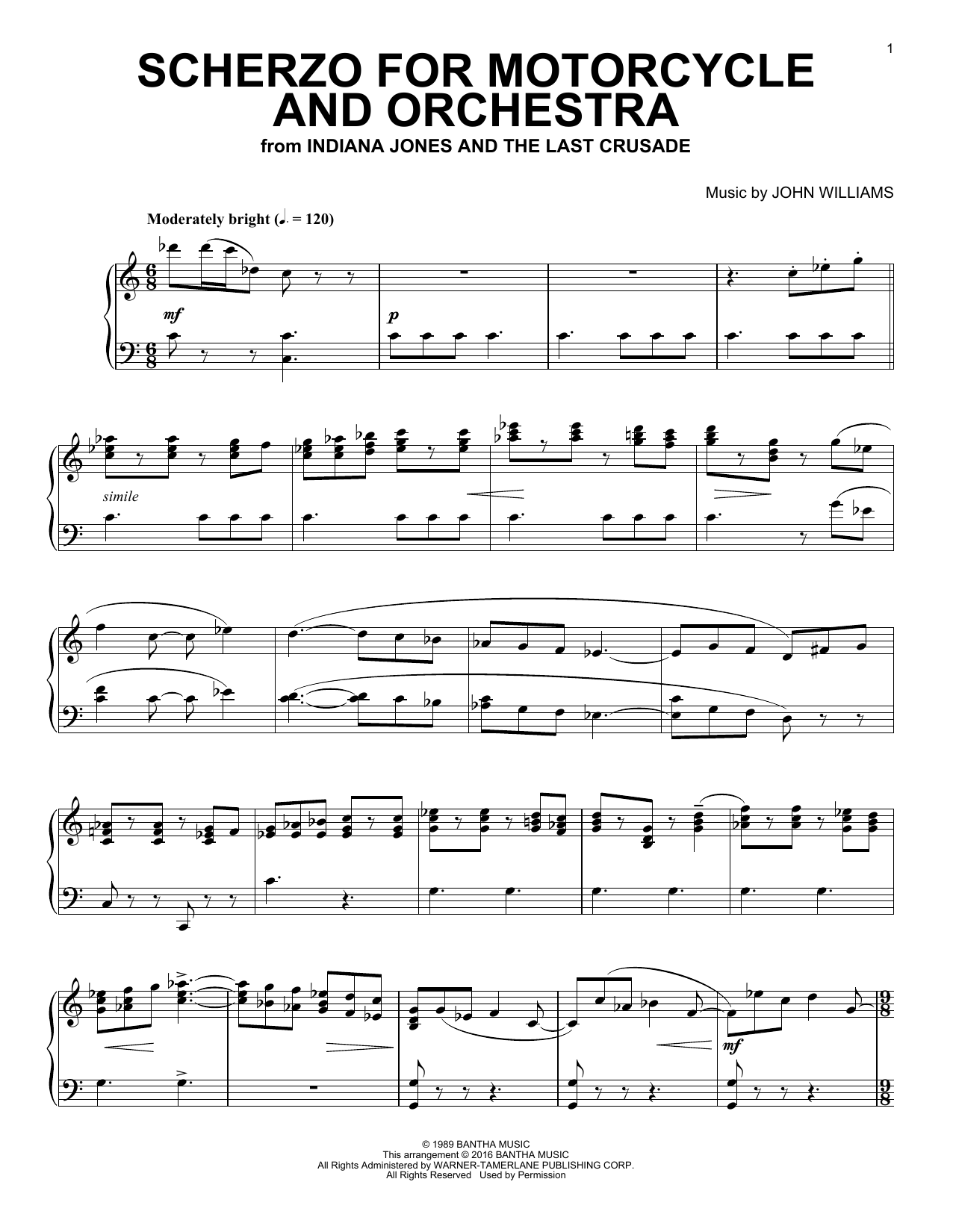 John Williams Scherzo For Motorcycle And Orchestra sheet music, chords, lyrics - Printable PDF for Piano