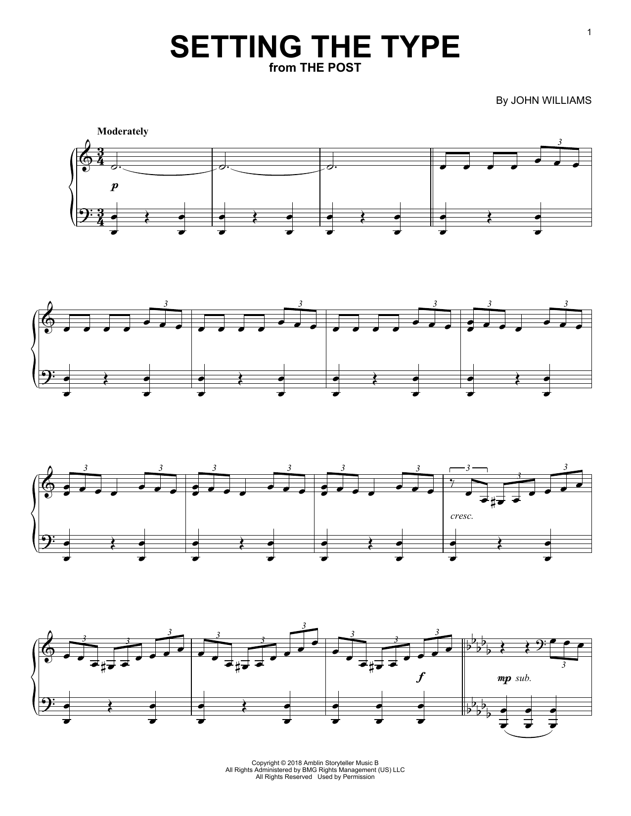 John Williams Setting The Type (from The Post) sheet music, chords, lyrics - Printable PDF for Piano