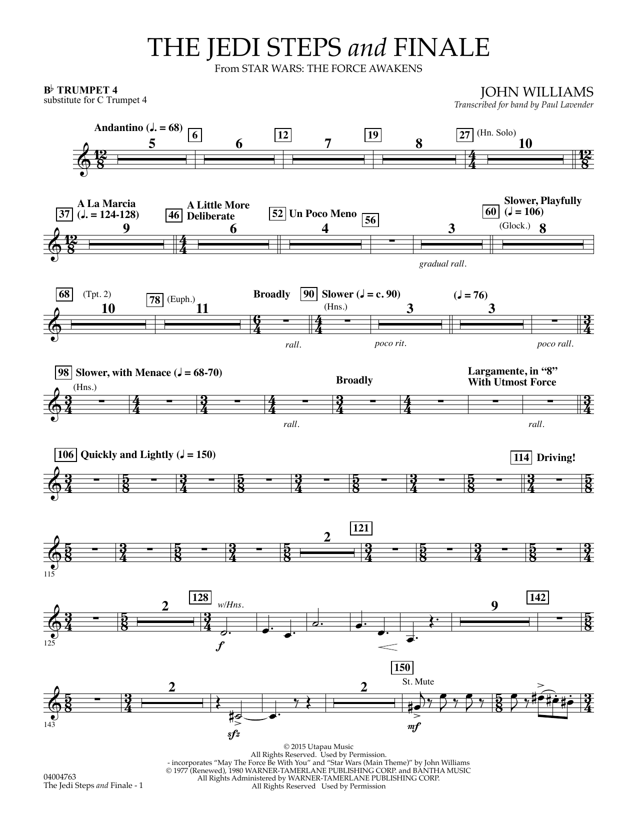 John Williams The Jedi Steps and Finale (from Star Wars: The Force Awakens) - Bb Trumpet 4 (sub. C Tpt. 4) sheet music, chords, lyrics - Printable PDF for Concert Band