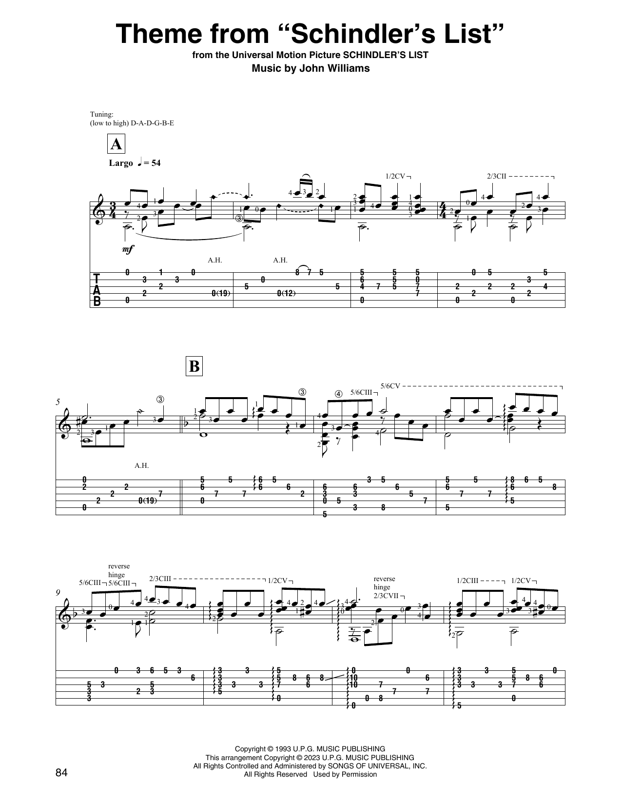 John Williams Theme from Schindler's List (arr. David Jaggs) sheet music, chords, lyrics - Printable PDF for Solo Guitar