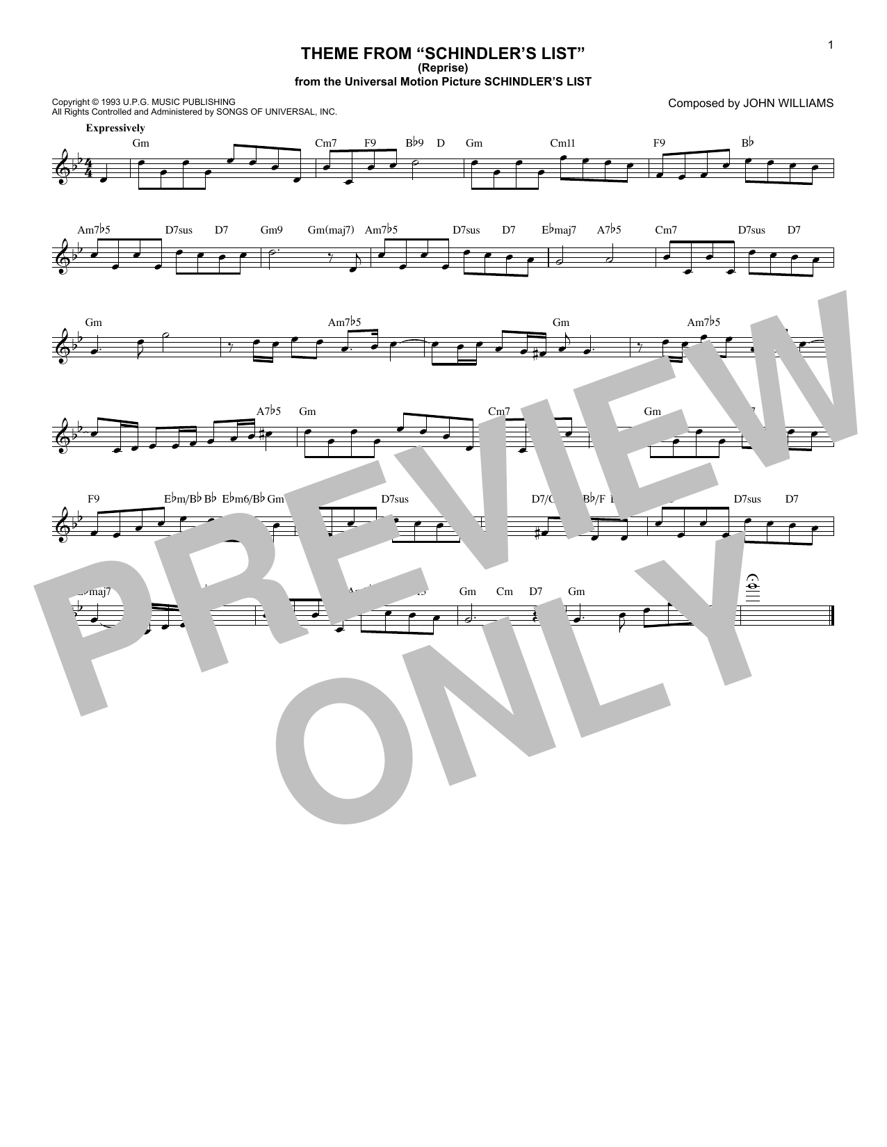 John Williams Theme From Schindler's List (Reprise) sheet music, chords, lyrics - Printable PDF for Melody Line, Lyrics & Chords