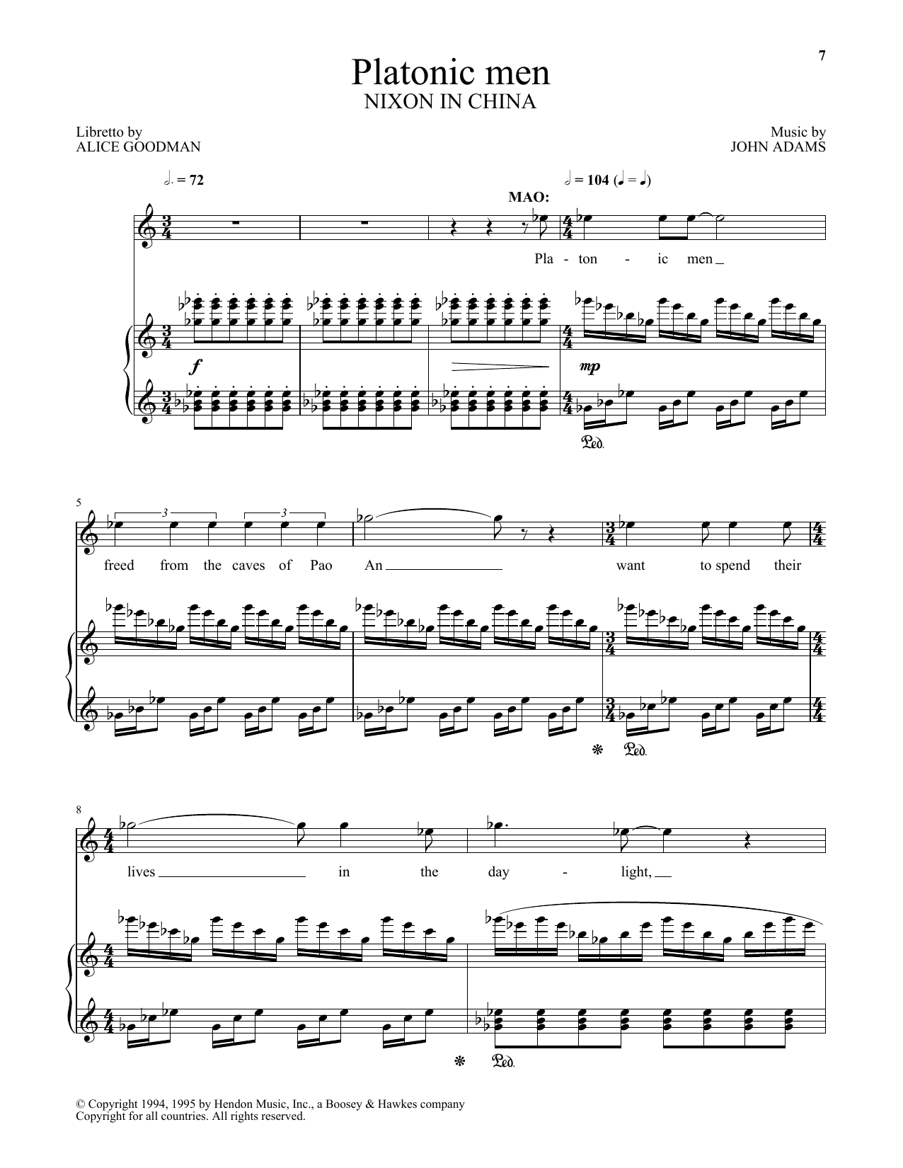 Learn to play John Adams Platonic men (from Nixon In China) sheet music for Piano & Vocal in minutes. John Adams Platonic men (from Nixon In China) sheet music preview music notes and score for Piano & Vocal including 5 page(s)