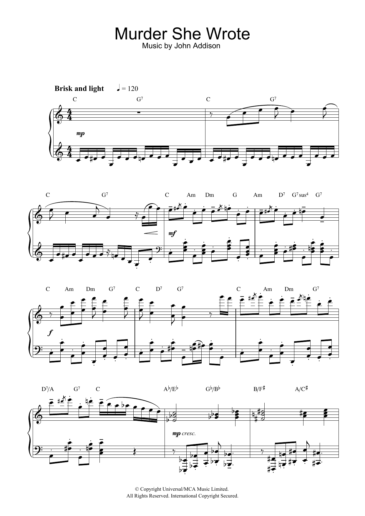 John Addison Murder She Wrote sheet music preview music notes and score for Piano including 3 page(s)