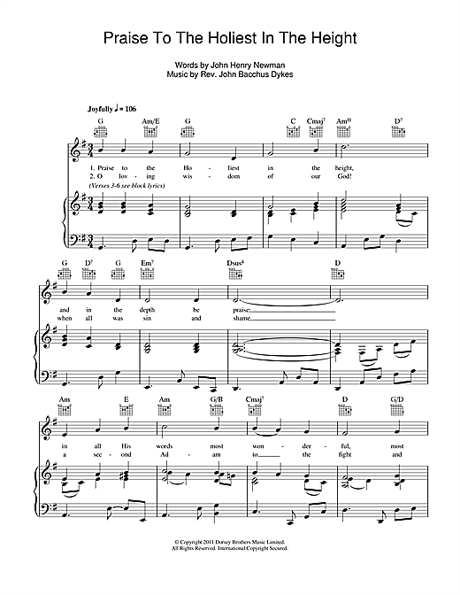 Learn to play John B. Dykes Praise To The Holiest In The Heights sheet music for Piano, Vocal & Guitar (Right-Hand Melody) in minutes. John B. Dykes Praise To The Holiest In The Heights sheet music notes and chords
