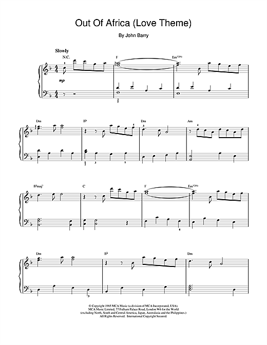 Learn to play John Barry Love Theme from Out Of Africa sheet music for Piano in minutes. John Barry Love Theme from Out Of Africa sheet music notes and chords