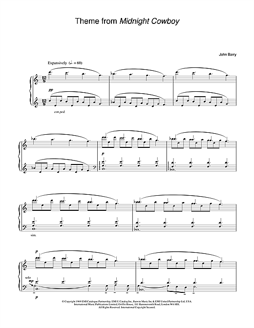 Learn to play John Barry Theme from Midnight Cowboy sheet music for Piano in minutes. John Barry Theme from Midnight Cowboy sheet music notes and chords