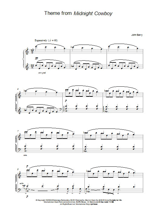 Learn to play John Barry Theme from Midnight Cowboy sheet music for Piano in minutes. John Barry Theme from Midnight Cowboy sheet music preview music notes and score for Piano including 3 page(s)