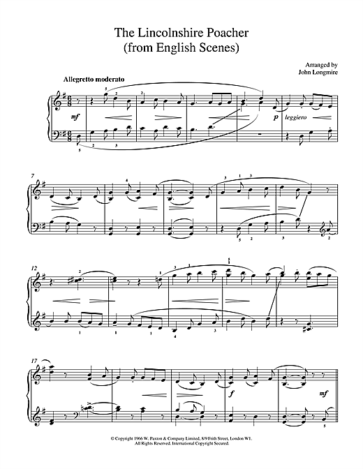 Learn to play John Basil Hugh Longmire The Lincolnshire Poacher sheet music for Piano in minutes. John Basil Hugh Longmire The Lincolnshire Poacher sheet music notes and chords