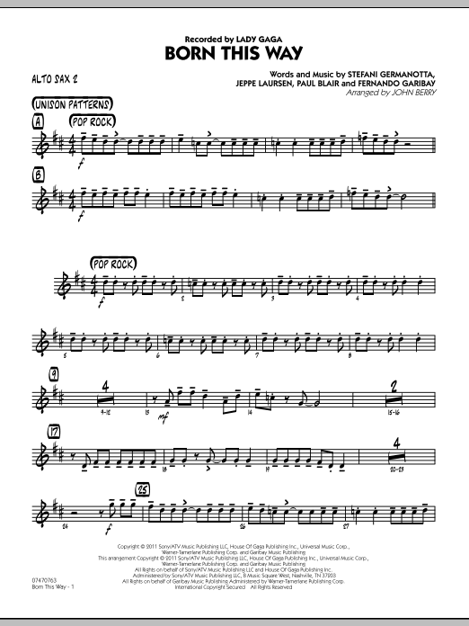 John Berry Born This Way - Alto Sax 2 sheet music preview music notes and score for Jazz Ensemble including 2 page(s)