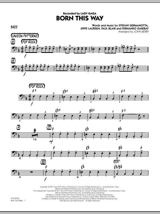 John Berry Born This Way - Bass sheet music preview music notes and score for Jazz Ensemble including 2 page(s)