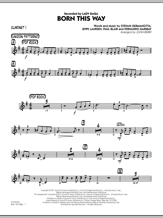 Learn to play John Berry Born This Way - Bb Clarinet 1 sheet music for Jazz Ensemble in minutes. John Berry Born This Way - Bb Clarinet 1 sheet music preview music notes and score for Jazz Ensemble including 2 page(s)