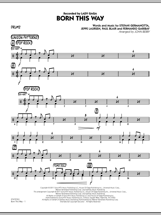 John Berry Born This Way - Drums sheet music preview music notes and score for Jazz Ensemble including 2 page(s)