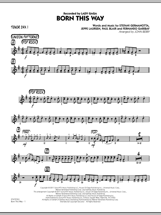 John Berry Born This Way - Tenor Sax 1 sheet music preview music notes and score for Jazz Ensemble including 2 page(s)