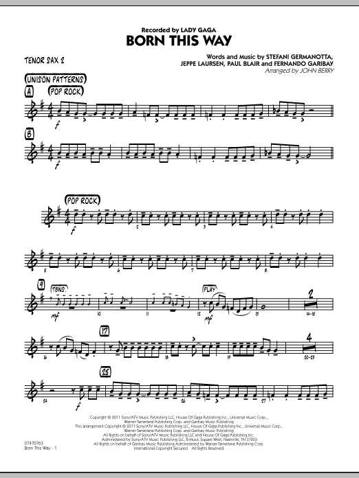John Berry Born This Way - Tenor Sax 2 sheet music preview music notes and score for Jazz Ensemble including 2 page(s)