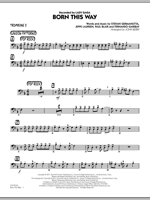 Learn to play John Berry Born This Way - Trombone 2 sheet music for Jazz Ensemble in minutes. John Berry Born This Way - Trombone 2 sheet music preview music notes and score for Jazz Ensemble including 2 page(s)