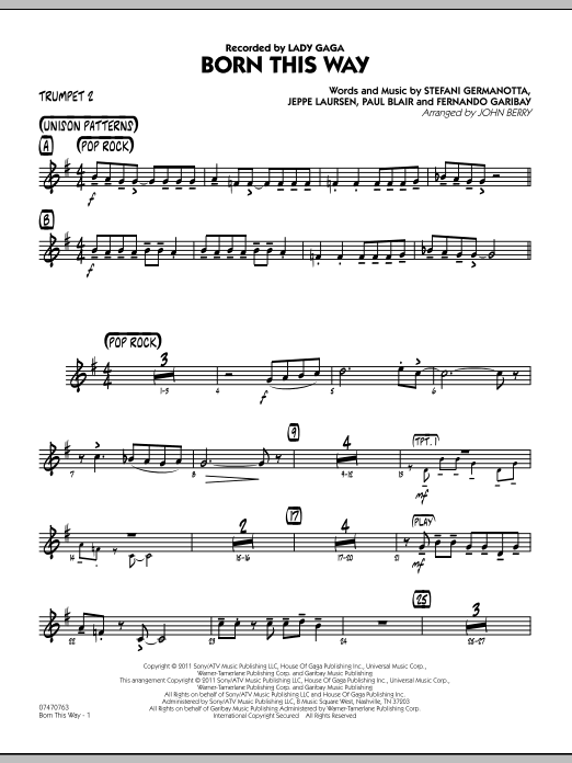 Learn to play John Berry Born This Way - Trumpet 2 sheet music for Jazz Ensemble in minutes. John Berry Born This Way - Trumpet 2 sheet music preview music notes and score for Jazz Ensemble including 2 page(s)