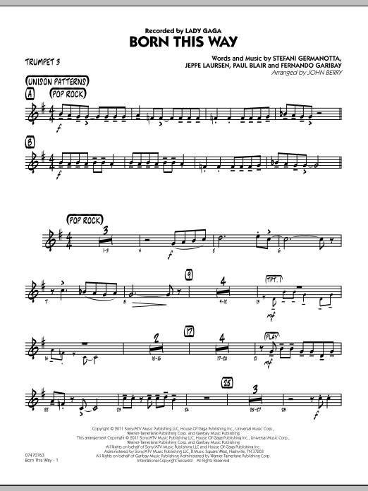 John Berry Born This Way - Trumpet 3 sheet music preview music notes and score for Jazz Ensemble including 2 page(s)