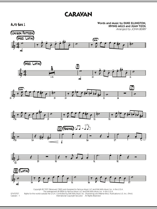 Learn to play John Berry Caravan - Alto Sax 1 sheet music for Jazz Ensemble in minutes. John Berry Caravan - Alto Sax 1 sheet music preview music notes and score for Jazz Ensemble including 2 page(s)