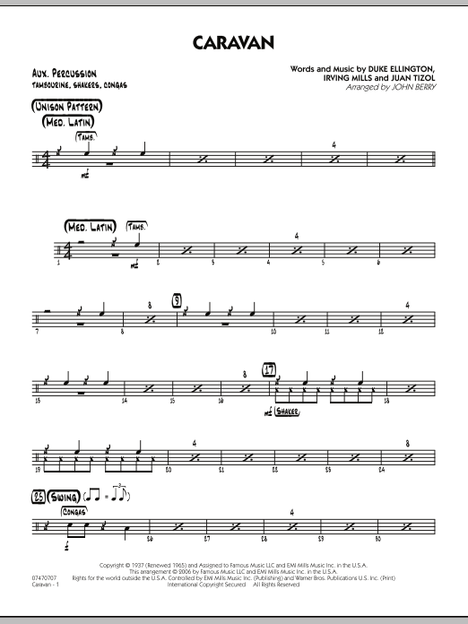 Learn to play John Berry Caravan - Aux Percussion sheet music for Jazz Ensemble in minutes. John Berry Caravan - Aux Percussion sheet music preview music notes and score for Jazz Ensemble including 2 page(s)