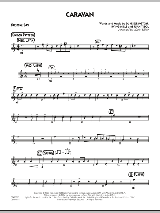 John Berry Caravan - Baritone Sax sheet music preview music notes and score for Jazz Ensemble including 2 page(s)