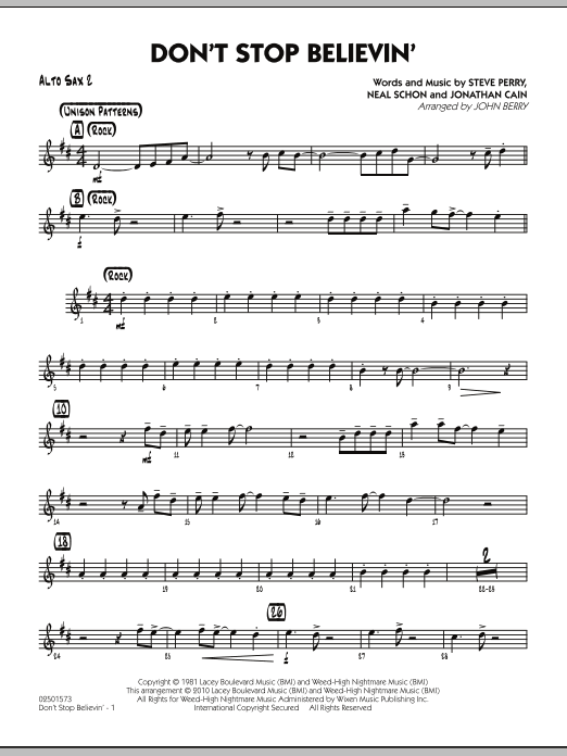 Learn to play John Berry Don't Stop Believin' - Alto Sax 2 sheet music for Jazz Ensemble in minutes. John Berry Don't Stop Believin' - Alto Sax 2 sheet music preview music notes and score for Jazz Ensemble including 2 page(s)