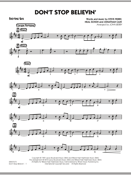 Learn to play John Berry Don't Stop Believin' - Baritone Sax sheet music for Jazz Ensemble in minutes. John Berry Don't Stop Believin' - Baritone Sax sheet music preview music notes and score for Jazz Ensemble including 2 page(s)