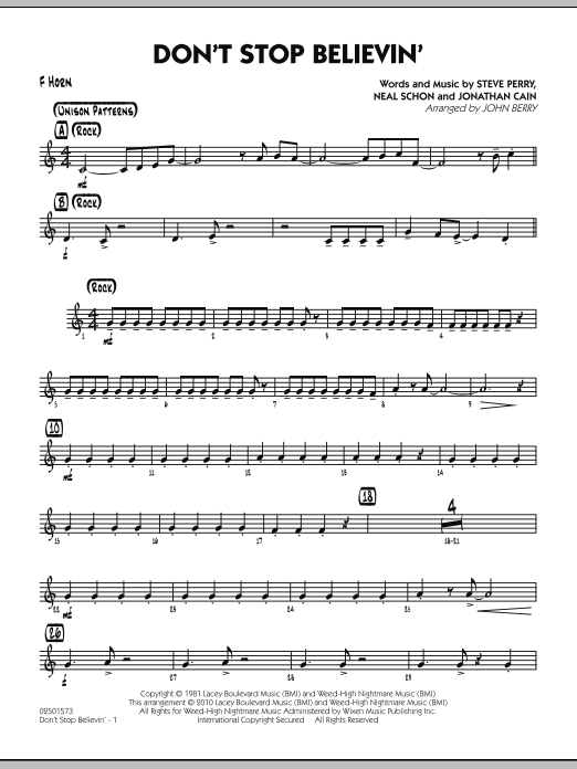 Learn to play John Berry Don't Stop Believin' - F Horn sheet music for Jazz Ensemble in minutes. John Berry Don't Stop Believin' - F Horn sheet music preview music notes and score for Jazz Ensemble including 2 page(s)