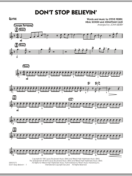 Learn to play John Berry Don't Stop Believin' - Guitar sheet music for Jazz Ensemble in minutes. John Berry Don't Stop Believin' - Guitar sheet music preview music notes and score for Jazz Ensemble including 2 page(s)