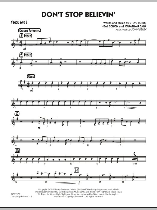 Learn to play John Berry Don't Stop Believin' - Tenor Sax 2 sheet music for Jazz Ensemble in minutes. John Berry Don't Stop Believin' - Tenor Sax 2 sheet music preview music notes and score for Jazz Ensemble including 2 page(s)