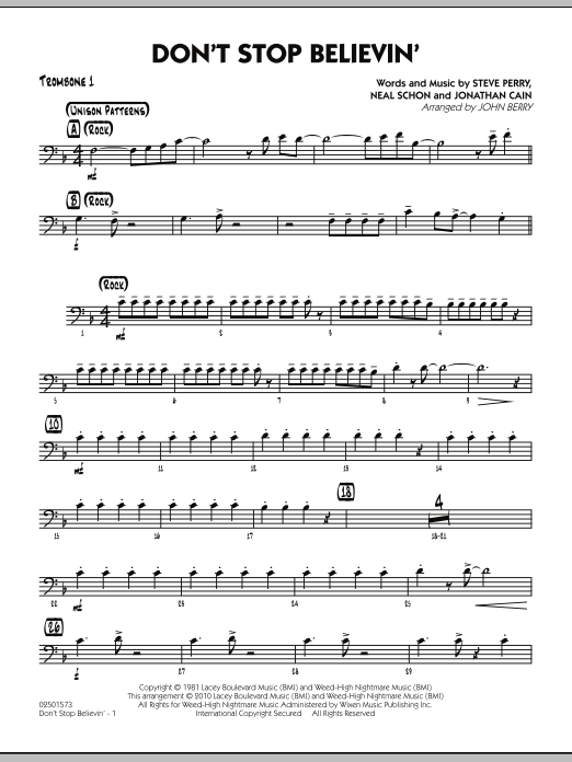 Learn to play John Berry Don't Stop Believin' - Trombone 1 sheet music for Jazz Ensemble in minutes. John Berry Don't Stop Believin' - Trombone 1 sheet music preview music notes and score for Jazz Ensemble including 2 page(s)