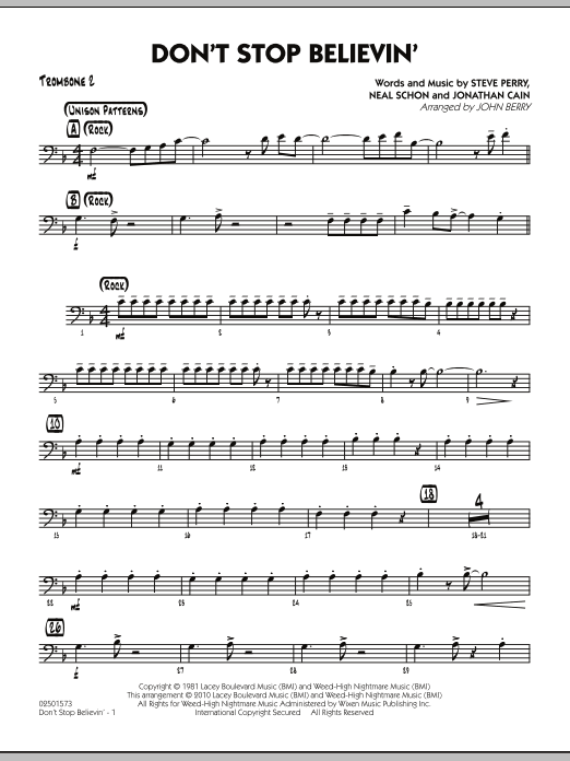 Learn to play John Berry Don't Stop Believin' - Trombone 2 sheet music for Jazz Ensemble in minutes. John Berry Don't Stop Believin' - Trombone 2 sheet music preview music notes and score for Jazz Ensemble including 2 page(s)