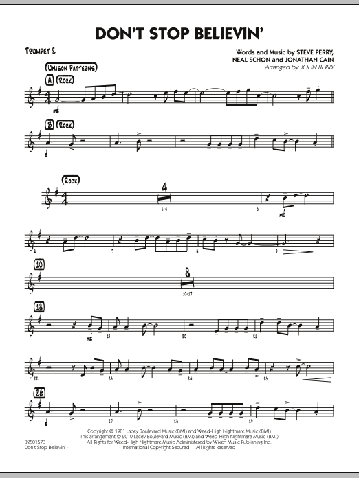 Learn to play John Berry Don't Stop Believin' - Trumpet 2 sheet music for Jazz Ensemble in minutes. John Berry Don't Stop Believin' - Trumpet 2 sheet music preview music notes and score for Jazz Ensemble including 2 page(s)