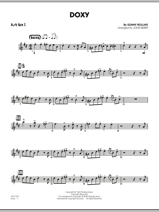 Learn to play John Berry Doxy - Alto Sax 2 sheet music for Jazz Ensemble in minutes. John Berry Doxy - Alto Sax 2 sheet music preview music notes and score for Jazz Ensemble including 2 page(s)