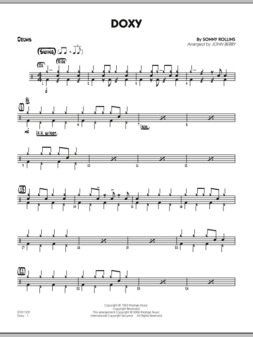 Learn to play John Berry Doxy - Drums sheet music for Jazz Ensemble in minutes. John Berry Doxy - Drums sheet music preview music notes and score for Jazz Ensemble including 2 page(s)