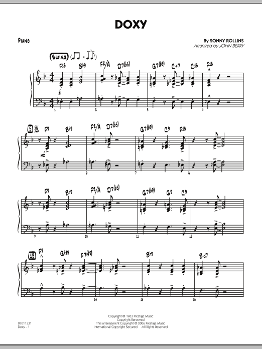 Learn to play John Berry Doxy - Piano sheet music for Jazz Ensemble in minutes. John Berry Doxy - Piano sheet music preview music notes and score for Jazz Ensemble including 3 page(s)