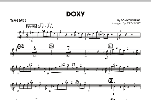 Learn to play John Berry Doxy - Tenor Sax 2 sheet music for Jazz Ensemble in minutes. John Berry Doxy - Tenor Sax 2 sheet music preview music notes and score for Jazz Ensemble including 1 page(s)