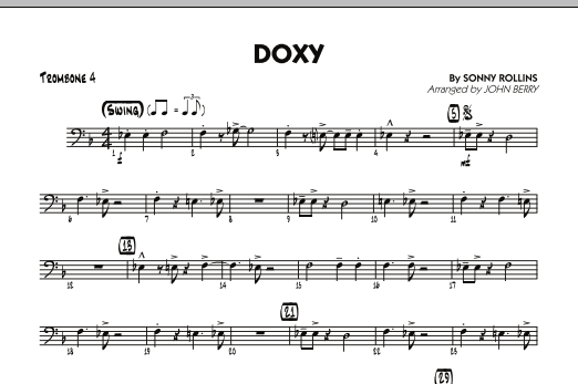 Learn to play John Berry Doxy - Trombone 4 sheet music for Jazz Ensemble in minutes. John Berry Doxy - Trombone 4 sheet music preview music notes and score for Jazz Ensemble including 1 page(s)