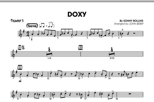 Learn to play John Berry Doxy - Trumpet 3 sheet music for Jazz Ensemble in minutes. John Berry Doxy - Trumpet 3 sheet music preview music notes and score for Jazz Ensemble including 1 page(s)