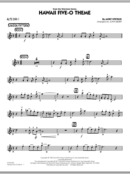 Learn to play John Berry Hawaii Five-O Theme - Alto Sax 1 sheet music for Jazz Ensemble in minutes. John Berry Hawaii Five-O Theme - Alto Sax 1 sheet music preview music notes and score for Jazz Ensemble including 2 page(s)