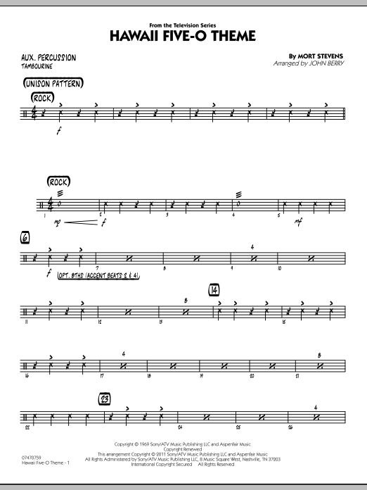 John Berry Hawaii Five-O Theme - Aux Percussion sheet music preview music notes and score for Jazz Ensemble including 2 page(s)