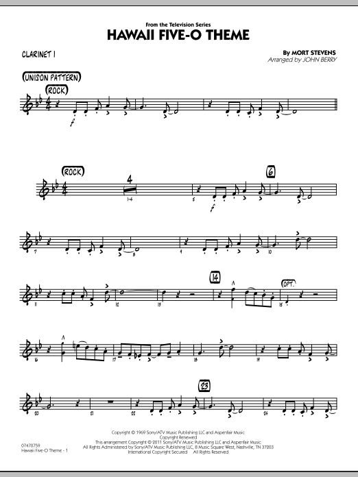 Learn to play John Berry Hawaii Five-O Theme - Bb Clarinet 1 sheet music for Jazz Ensemble in minutes. John Berry Hawaii Five-O Theme - Bb Clarinet 1 sheet music preview music notes and score for Jazz Ensemble including 2 page(s)