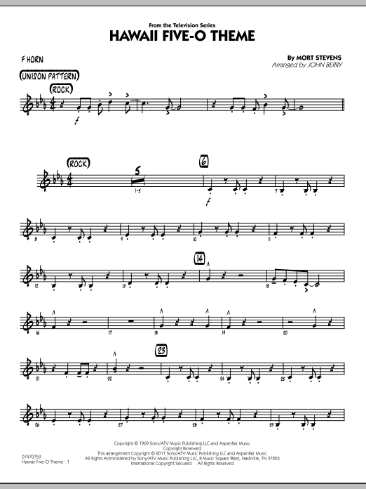 John Berry Hawaii Five-O Theme - F Horn sheet music preview music notes and score for Jazz Ensemble including 2 page(s)