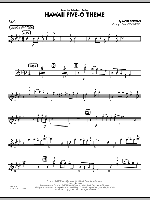 John Berry Hawaii Five-O Theme - Flute sheet music preview music notes and score for Jazz Ensemble including 2 page(s)